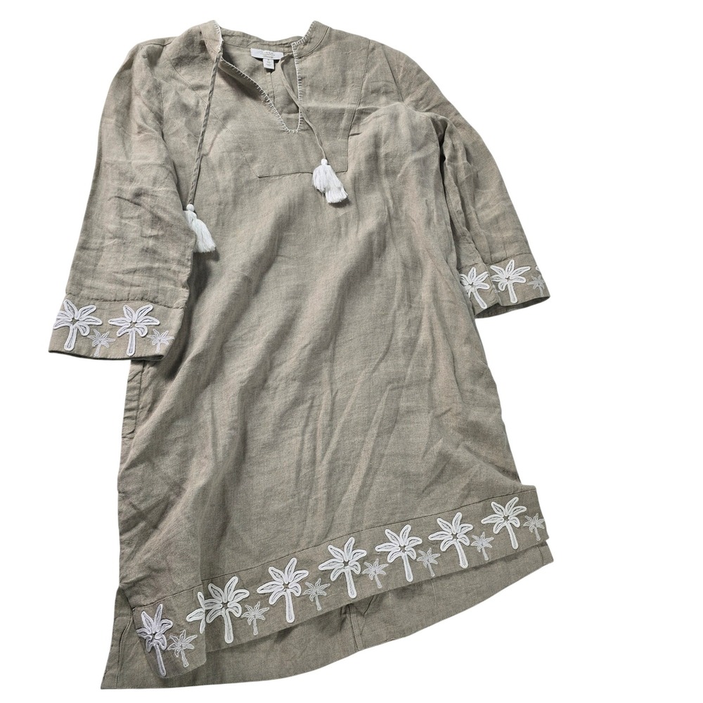 Charter Club Luxury Womens Tan 100% Linen Embroidered Palm‎ Tree Tunic Dress M